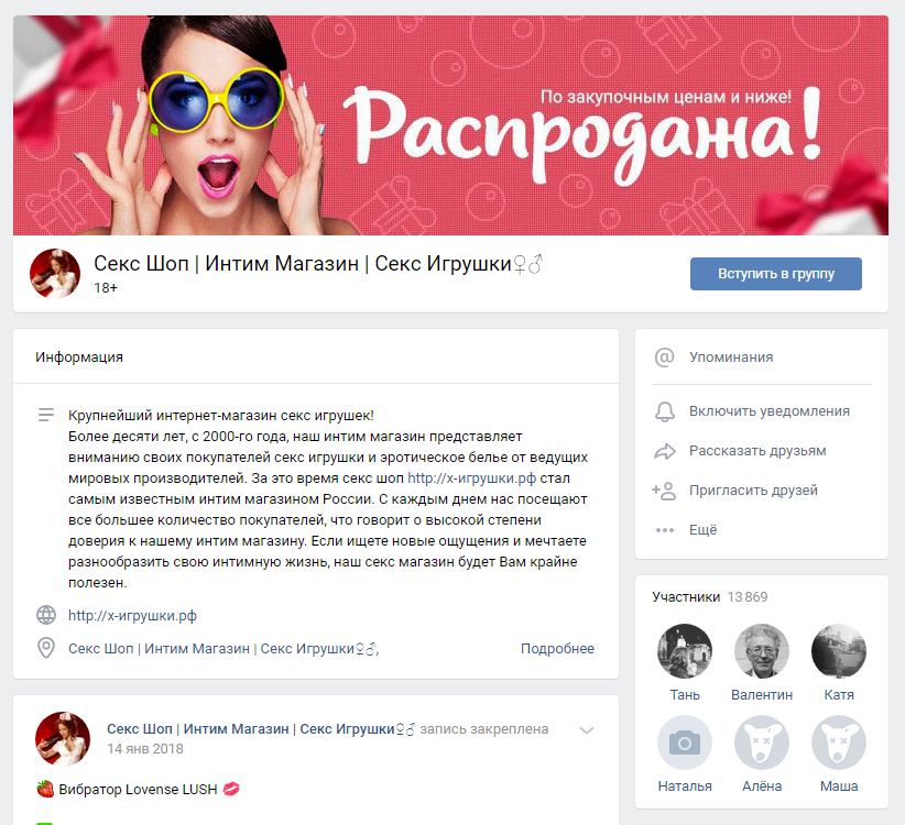 Пример 2. Группа по продаже секс-игрушек (13 869 участников) статья